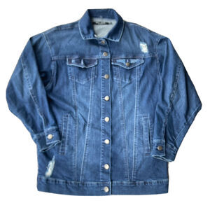 MAX JEANS Jean Jacket Sz XS Distressed Denim Stretch Pockets Blue Boho Indie